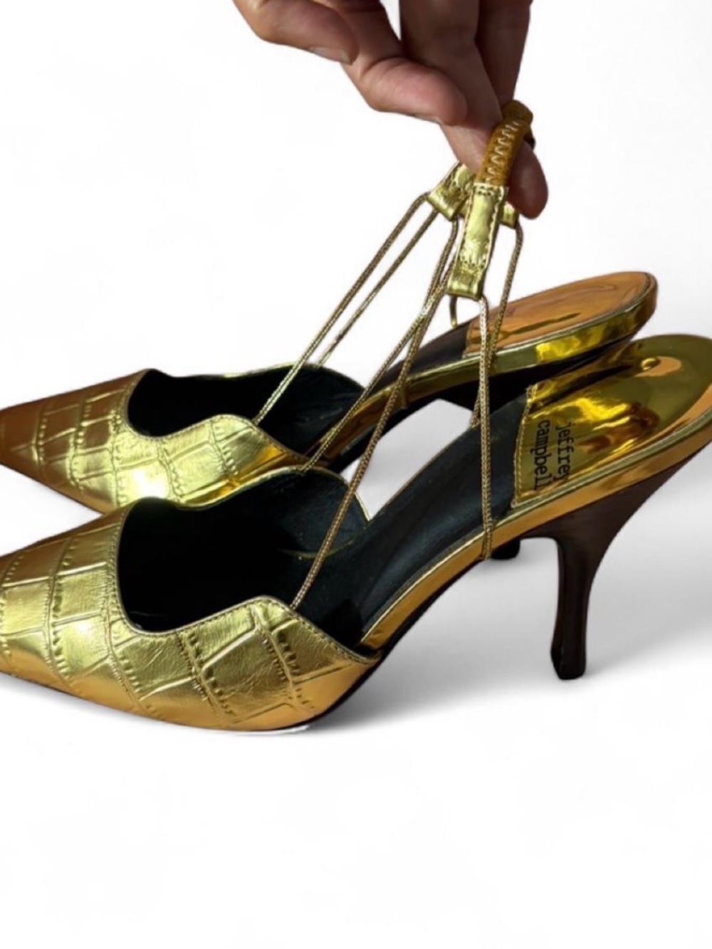Jeffrey Campbell Metallic Gold Croc-Embossed Pointed Slingback Heels - Picture 2 of 5